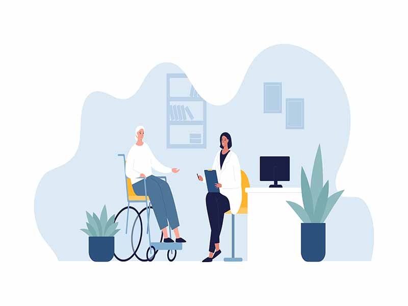 Healthcare for old people concept. Vector flat character illustration. Female doctor and senior patient in wheelchair on office background. Design for infographic and hospital service